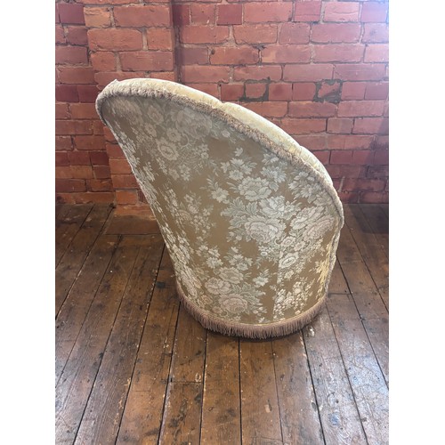 600 - An early 20th century Art Deco fan back salon chair, upholstered in a floral damask type gold fabric... 