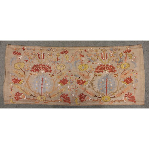 402 - A Suzani needlework panel, Uzbekistan 20th century, of square section embroidered with geometric flo... 