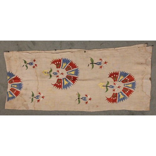 402 - A Suzani needlework panel, Uzbekistan 20th century, of square section embroidered with geometric flo... 