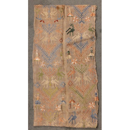402 - A Suzani needlework panel, Uzbekistan 20th century, of square section embroidered with geometric flo... 