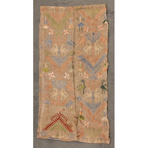 402 - A Suzani needlework panel, Uzbekistan 20th century, of square section embroidered with geometric flo... 