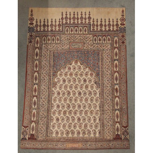 406 - A large batik panel, Turkish 19th century, designed as a five large floral sprays in claret, scarlet... 