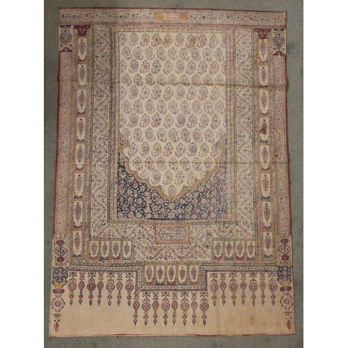 406 - A large batik panel, Turkish 19th century, designed as a five large floral sprays in claret, scarlet... 