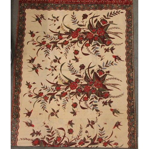 406 - A large batik panel, Turkish 19th century, designed as a five large floral sprays in claret, scarlet... 