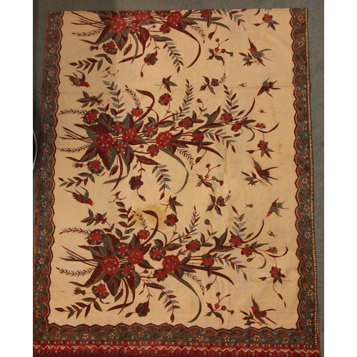 406 - A large batik panel, Turkish 19th century, designed as a five large floral sprays in claret, scarlet... 