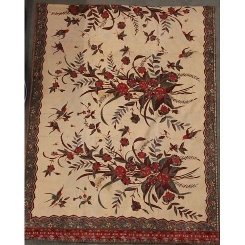 406 - A large batik panel, Turkish 19th century, designed as a five large floral sprays in claret, scarlet... 
