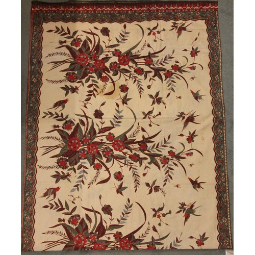 406 - A large batik panel, Turkish 19th century, designed as a five large floral sprays in claret, scarlet... 