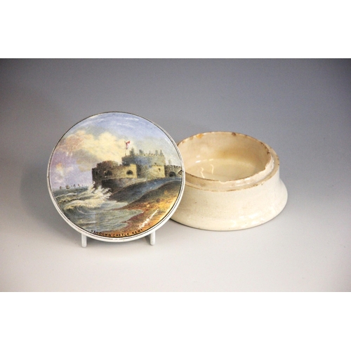 390 - A Pratt ware pot and lid, 19th century, the lid printed with Sandown Castle, Kent, 10.5cm diameter