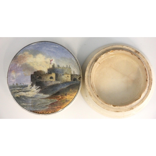 390 - A Pratt ware pot and lid, 19th century, the lid printed with Sandown Castle, Kent, 10.5cm diameter