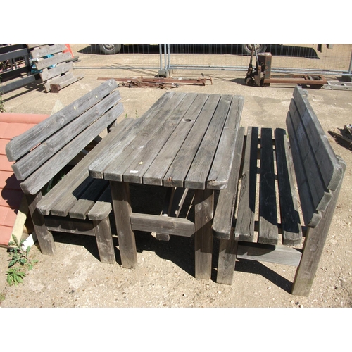 10 - WOODEN GARDEN TABLE & 2 BENCHES