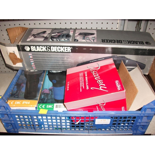 175 - TRAY OF TOOLS INC TORCHES,12v BLACK & DECKER HOOVER, TAPES ETC.