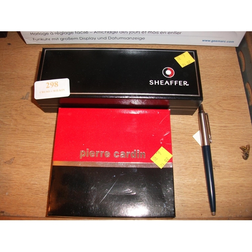 298 - BOXED SHEAFER BALL POINT PEN,PARKEER PEN & PIERRE CARDIN WALLET