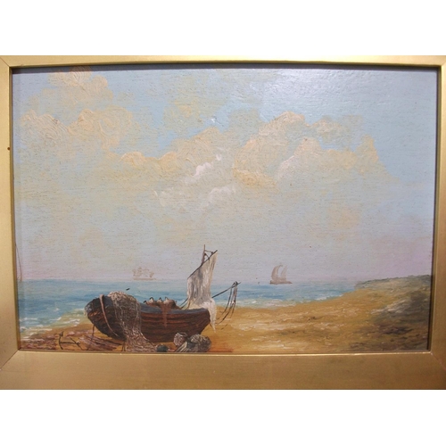 116 - FRAMED OIL ON BOARD DEPICTING BOAT ON BEACH 16.5'' X 13.5''