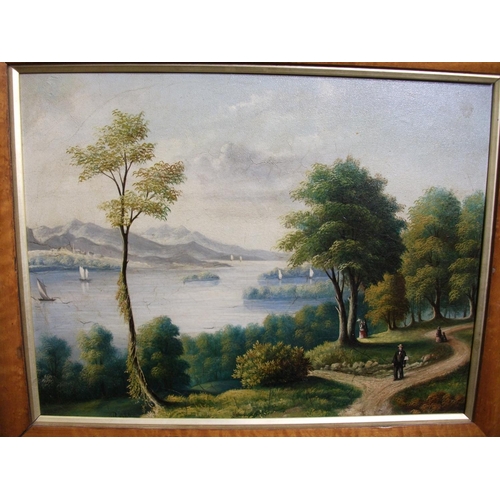 139 - FRAMED OIL ON CANVAS DEPICTING LAKE / COUNTRY SCENE 20.5 '' X 17''