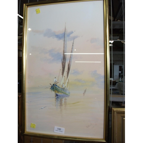 143 - FRAMED WATER COLOUR BOAT SCENE 13'' X 20.5''