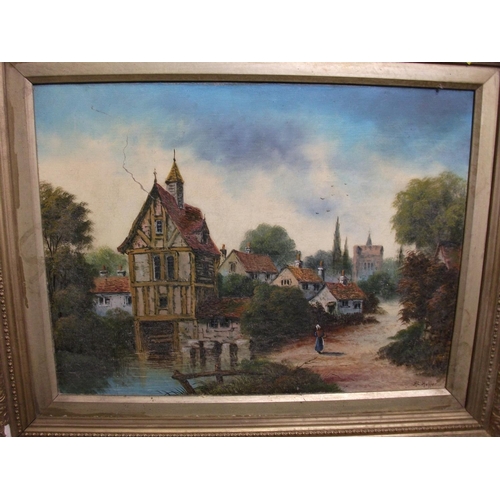 145 - OIL ON CANVAS DEPICTING VILLAGE SCENE BY H. C. HEFFER OVERALL SIZE 71CM X 58.5CM