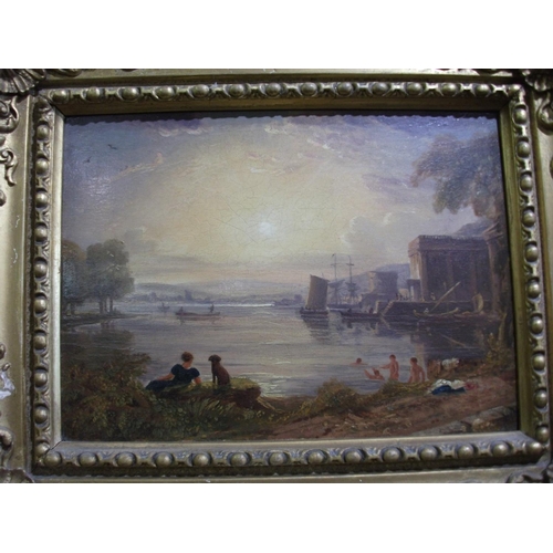 153 - OIL ON MILL  BOARD OF ROMANTIC SCENE WITH BATHERS PAINTED CIRA 1800'S   14'' X 12''