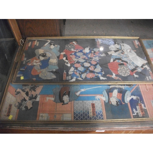 156 - PAIR OF CARTOON JAPANESE FIGHTING PICTURES OVERALL SIZE EACH 77CM X 37.5CM & 3 OTHERS