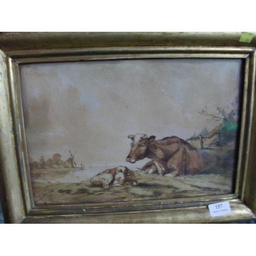 157 - 2 X FRAMED WATER COLOURS '' CATTLE '' BY J. PRESTON DATED 1857 OVERALL SIZE 19'' X 14.5''