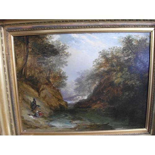 158 - FRAMED HILLSIDE RIVER SCENE WITH CHILDREN PICNICKING OIL ON MILLBOARD PAINTED CIRCA 1880ISH  OIL ON ... 