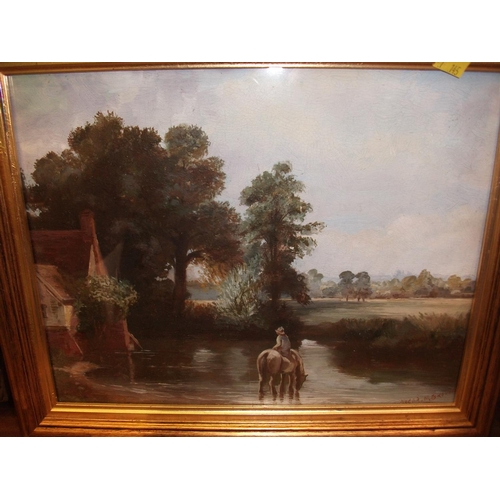 163 - SIGNED OIL PAINTING OF RIVER AND COUNTRYSIDE, OVERALL SIZE 36CM WIDE BY 29.5CM HIGH