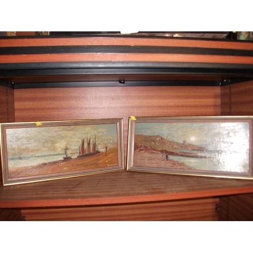 171 - TWO SMALL OILS ON CANVAS S OF BEACH/BOAT SCENES, OVERALL SIZE FOR EACH 38CM X 18CM