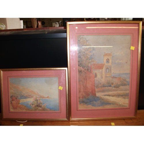 174 - 2 X FRAMED WATER COLOURS VILLAGE CHURCH & BEACH SCENE