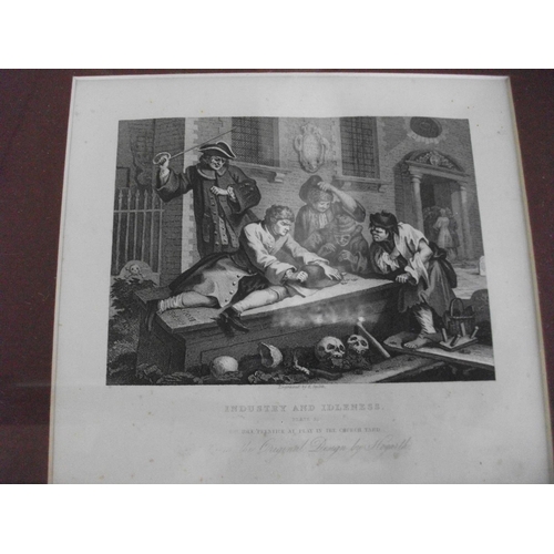 177 - 11 VARIOUS DIFFERENT ENGRAVINGS INCLUDING BEER STREET AND GIN LANE, INDUSTRY AND ILLNESS, THE ELECTI... 