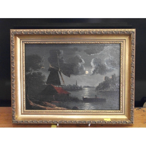 184 - SMALL OIL ON BOARD OF MOONLIGHT OVER THE RIVER WINDMILL SCENE IN GILT FRAME OVERALLN SIZE 37CM X 28.... 