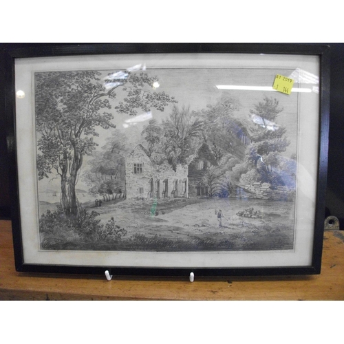 185 - FRAMED PENCIL DRAWING OF HOUSE RUINS AND GARDEN OVERALL SIZE 36CM WIDE BY 29.5CM HIGH JD 1825