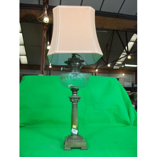 200 - OIL LAMP CONVERTED TO ELECTRIC TABLE LAMP WITH SHADE  30'' HIGH - MUST BE REWIRED BY A QUALIFIED ELE... 