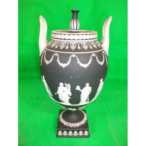 220 - BLACK WEDGEWOOD LIDDED URN 32CM HIGH