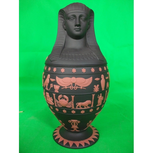 232 - WEDGEWOOD EGYPTIAN COLLECTION JASPER (TERRACOTTA/BLACK) CANOPIC VASE IN ORIGINAL BOX