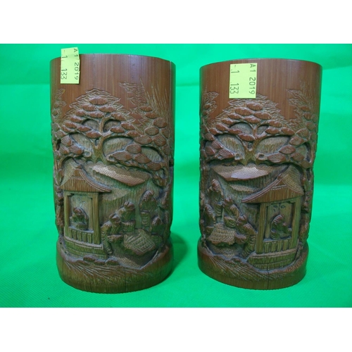 260 - PAIR OF BAMBOO CARVED POTS OF 13.5CM HIGH