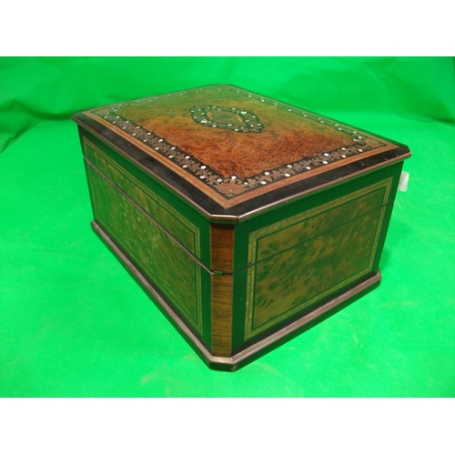 301 - DECORATIVE JEWELLERY BOX INLAID WITH BRASS,EBONY,MOTHER OF PEARL WITH FITTED BLUE INNER 12.5'' X 6.5... 