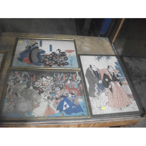 156 - PAIR OF CARTOON JAPANESE FIGHTING PICTURES OVERALL SIZE EACH 77CM X 37.5CM & 3 OTHERS