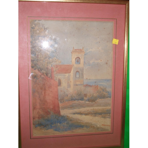 174 - 2 X FRAMED WATER COLOURS VILLAGE CHURCH & BEACH SCENE