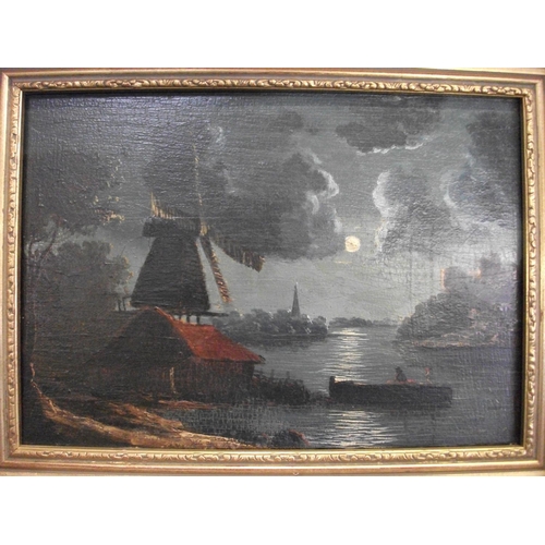 184 - SMALL OIL ON BOARD OF MOONLIGHT OVER THE RIVER WINDMILL SCENE IN GILT FRAME OVERALLN SIZE 37CM X 28.... 