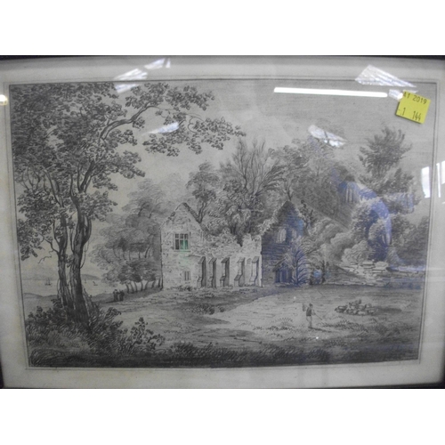 185 - FRAMED PENCIL DRAWING OF HOUSE RUINS AND GARDEN OVERALL SIZE 36CM WIDE BY 29.5CM HIGH JD 1825