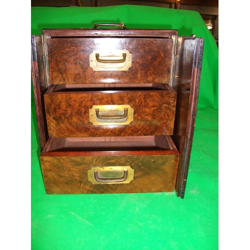 195 - ANTIQUE BUR WALNUT TRAVELING LOCABLE 3 DRAWER CHEST 12'' X 13'' X 9.5''