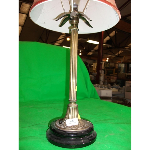 198 - BRASS ANTIQUE TABLE LAMP WITH SHADE 27'' - WARRANTED UNTIL 12 NOON TUES FOLLOWING THE ABOVE SALE