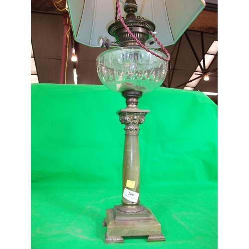 200 - OIL LAMP CONVERTED TO ELECTRIC TABLE LAMP WITH SHADE  30'' HIGH - MUST BE REWIRED BY A QUALIFIED ELE... 