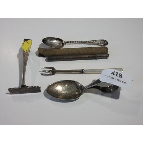 418 - COLLECTIBLES INCLUDING S. MORDAN & CO PENN, SLIVER SPOON & PICKLE FORK, CHILDS FEEDING SPOON AND PUS... 