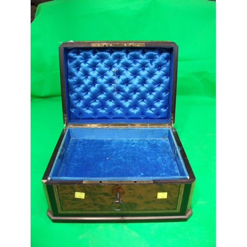 301 - DECORATIVE JEWELLERY BOX INLAID WITH BRASS,EBONY,MOTHER OF PEARL WITH FITTED BLUE INNER 12.5'' X 6.5... 