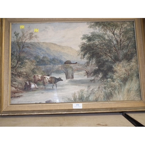 151 - WATERCOLOUR CATTLE IN STREAM BY F.DAVIS 1875