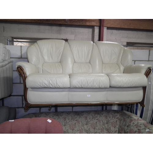 596 - 3 SEATER LEATHER SOFA - CREAM