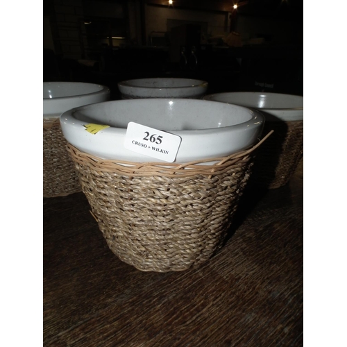 265 - 4 X CERAMIC & WICKER PLANT POTS