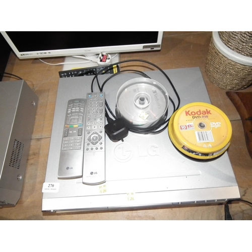 270 - LG DVD RECORDER & REMOTE/DISKS - WARRANTED UNTIL NOON TUES FOLLOWING THE ABOVE SALE