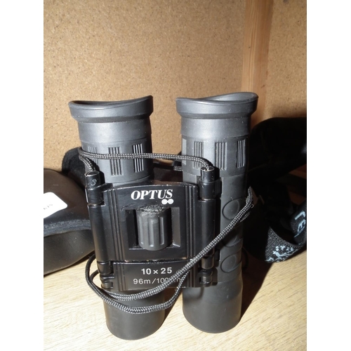 368 - 3 X BINOCULARS & 1 HEAD LIGHT