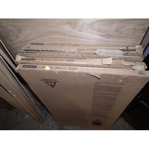 42 - QTY OF VARIOUS PLY BOARD &  5 BEECH STYLE DOORS